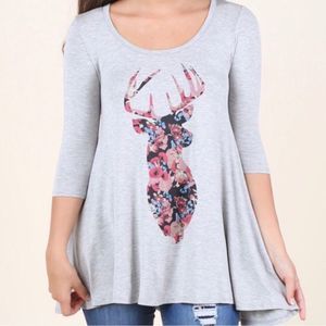 Altar’d State Gray Floral Deer Loose Tunic Top M